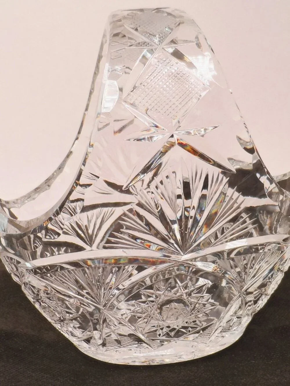 Bohemian Clear Lead Crystal Basket w/Handle Starburst Pinwheel Design 5.75